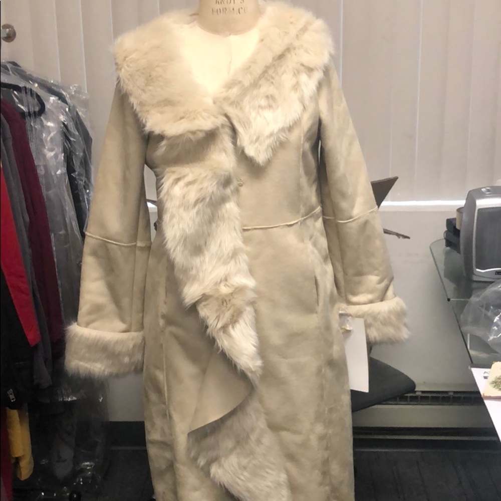 Beige faux fur long coat!